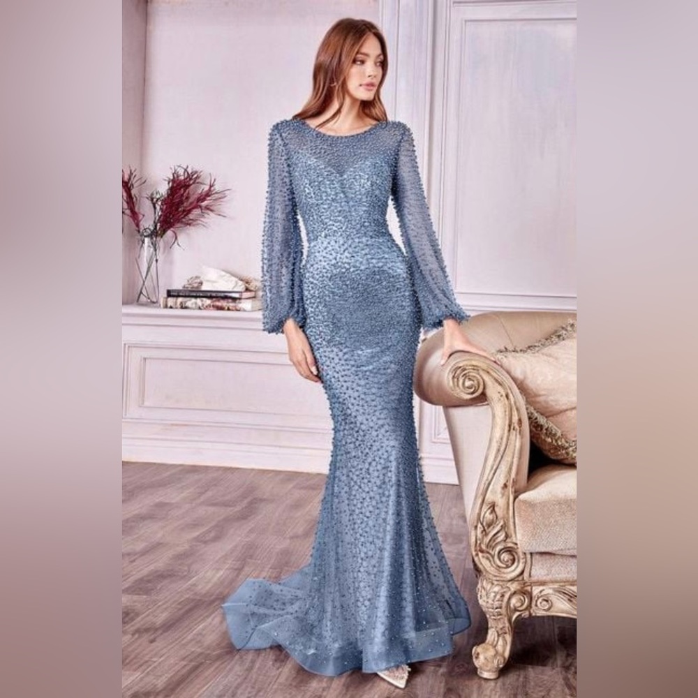 Andrea & Leo Fully Pearled Long Sleeves Sage Evening Dress A0997S